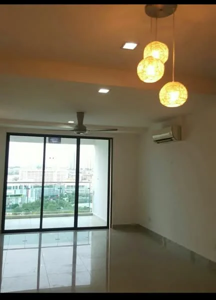 Living features: 3 pendant lights, 1 ceiling fan, 1 wall-mounted split AC, floor-to-ceiling windows, white painted walls, glossy tile flooring, city view, recessed downlights; style: modern; view: city.