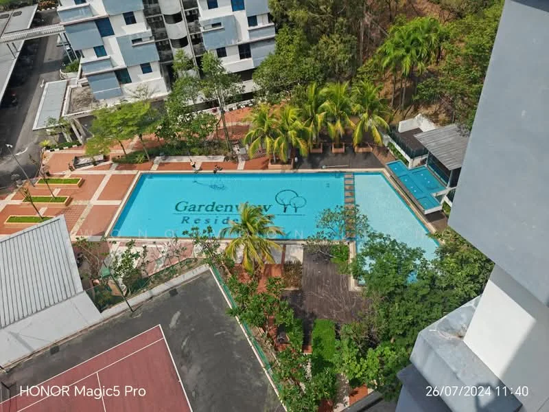 Exterior type: high-rise condominium; features: infinity pool, pool deck with loungers, landscaped garden, tennis court, manicured lawn, palm trees, children's playground, outdoor dining pavilion, jogging track, covered walkway; style: modern.