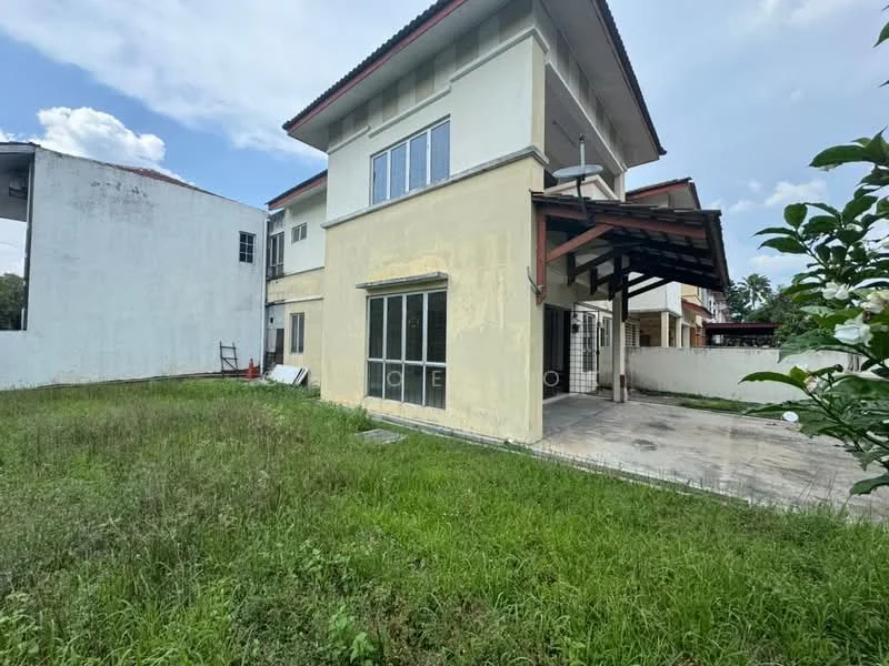 Exterior type: detached bungalow; features: two-storey building, white painted facade, red tiled roof, large windows, patio area, manicured lawn, surrounding greenery, concrete driveway, fenced yard, open space, clear sky; style: modern.