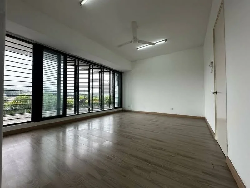 Room features: laminate flooring, white painted walls, ceiling fan, floor-to-ceiling windows, blackout blinds, view of greenery, natural light, neutral color scheme; style: modern; view: garden.