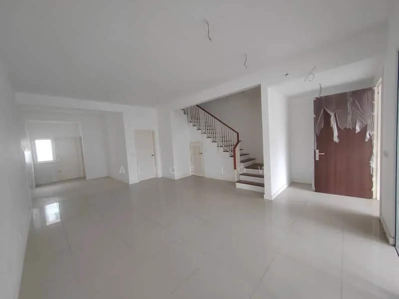 Room features: white painted walls, polished tile flooring, staircase with wooden railing, doorway leading outside, large windows for natural light, open layout, high ceiling, no visible furniture; style: modern.