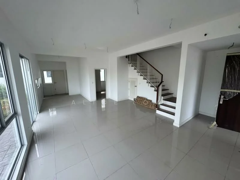 Living features: white painted walls, glossy ceramic tile flooring, large floor-to-ceiling windows, staircase with wooden railing, recessed ceiling lights, open layout, neutral color palette, no visible furniture; style: modern. Room features: white painted walls, glossy ceramic tile flooring, large floor-to-ceiling windows, neutral color palette, no visible furniture.
