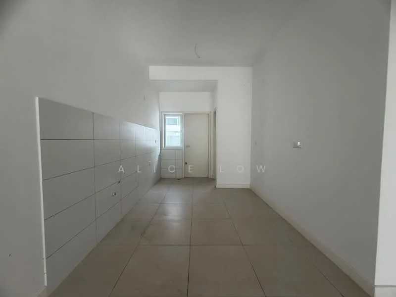 Room features: white painted walls, light-colored tile flooring, single door, wall-mounted electrical outlets, window with natural light, plain ceiling, no visible fixtures or furniture; style: modern.