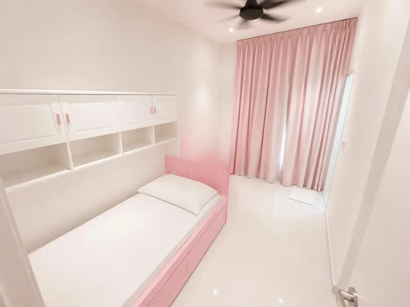 Bedroom features: single bed with white bedding, pink bed frame with storage drawers, white built-in shelving unit, white painted walls, glossy white tile flooring, pink curtains, ceiling fan, recessed lighting; style: modern.
