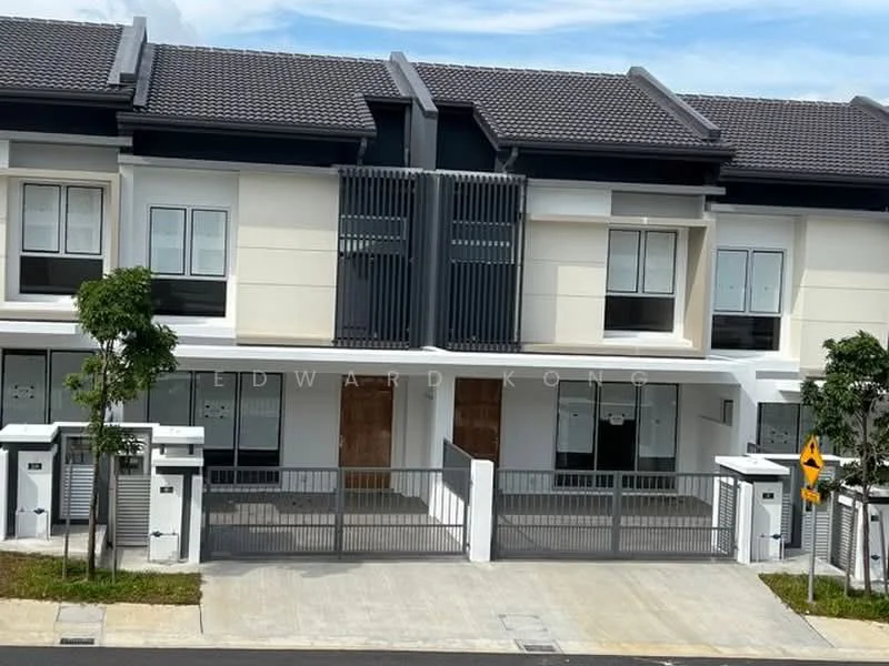 Exterior type: linked terrace house; features: two-storey building, white painted facade, grey tiled roof, horizontal louvre screens, wooden front doors, manicured lawn, paved driveway, front porch, surrounded by greenery, modern architectural design; style: modern.