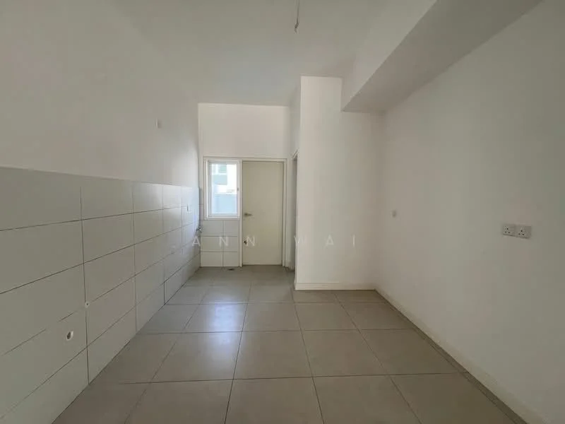 Room features: white painted walls, light grey tile flooring, single door, window, minimalist design, no visible furniture, high ceiling, neutral color palette; style: modern.