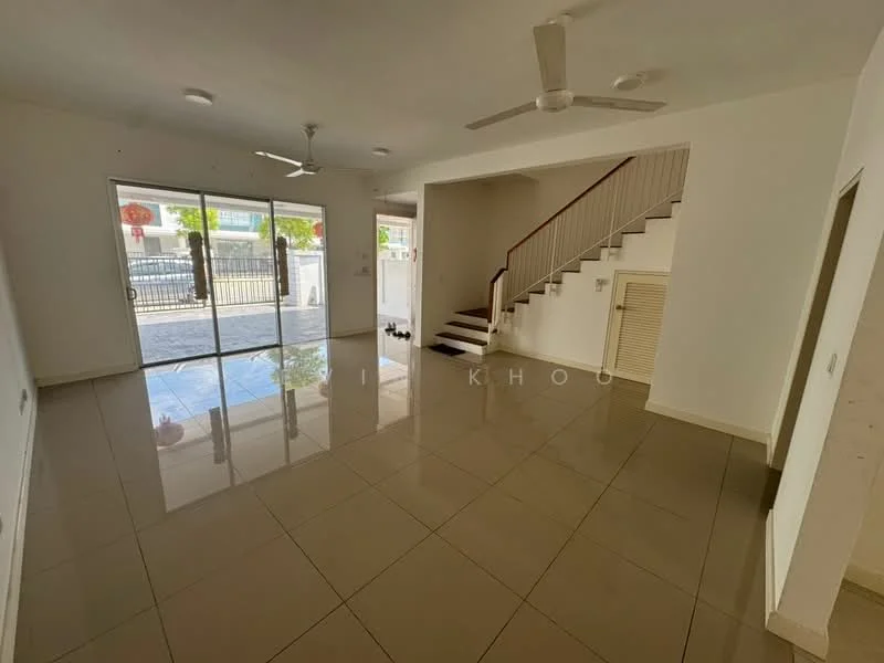 Living features: large floor-to-ceiling sliding glass door, white painted walls, glossy beige tile flooring, 2 ceiling fans, staircase with wooden steps and white railing, built-in storage cabinet, natural light from windows, open layout, no visible furniture; style: modern; view: garden.