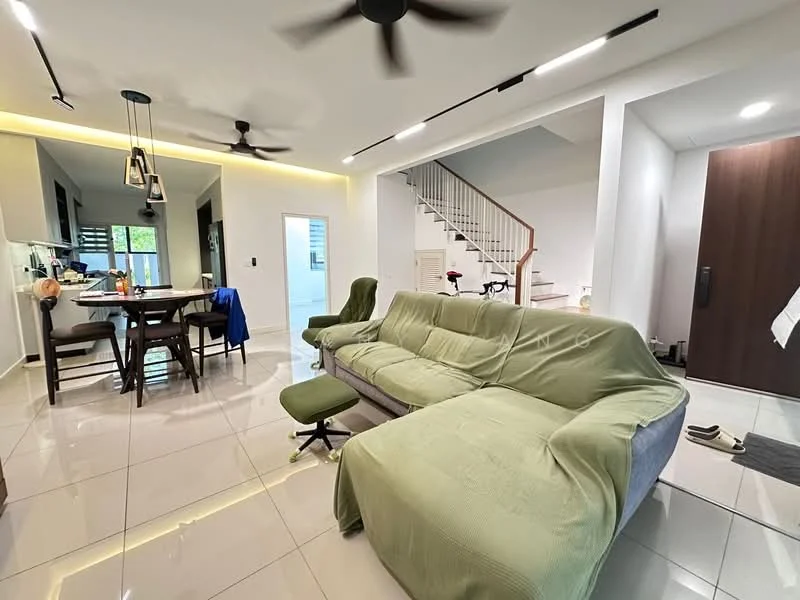 Living features: 3-seater fabric sofa in green, armchair in green, dining table for 4, 4 dining chairs, ceiling fan with light, recessed LED downlights, white walls, tile flooring, open layout, sliding glass door, decorative wall, staircase in background; style: modern. Room features: entrance door, white walls, tile flooring.