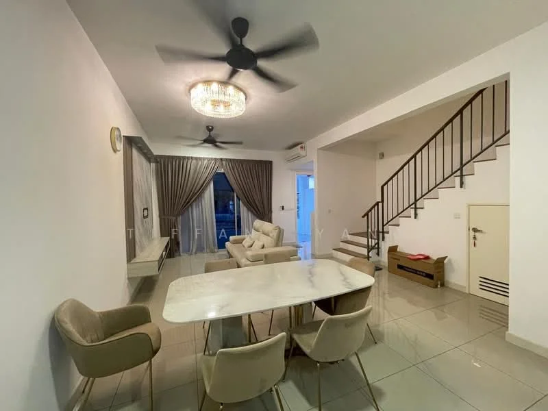 Living features: 5-blade ceiling fan with light, chandelier, white painted walls, glossy tile flooring, large windows with sheer curtains, dining table with marble top, upholstered dining chairs, staircase with wooden railing, sofa, decorative wall clock; style: modern.