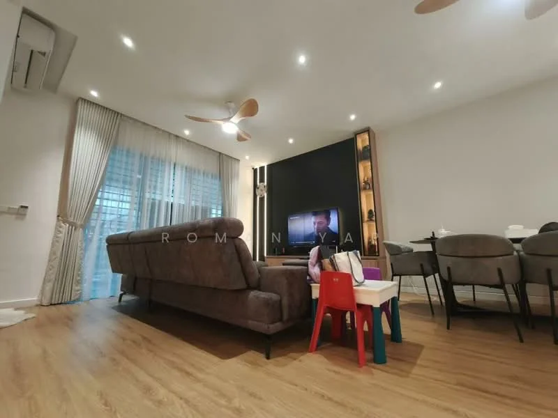 Living features: 3-seater fabric sofa in grey, wooden coffee table, wall-mounted TV, TV console, area rug, 5-blade ceiling fan with light, floor-to-ceiling windows with sheer curtains, laminate flooring, decorative wall with built-in shelves, dining area visible in background; style: modern.