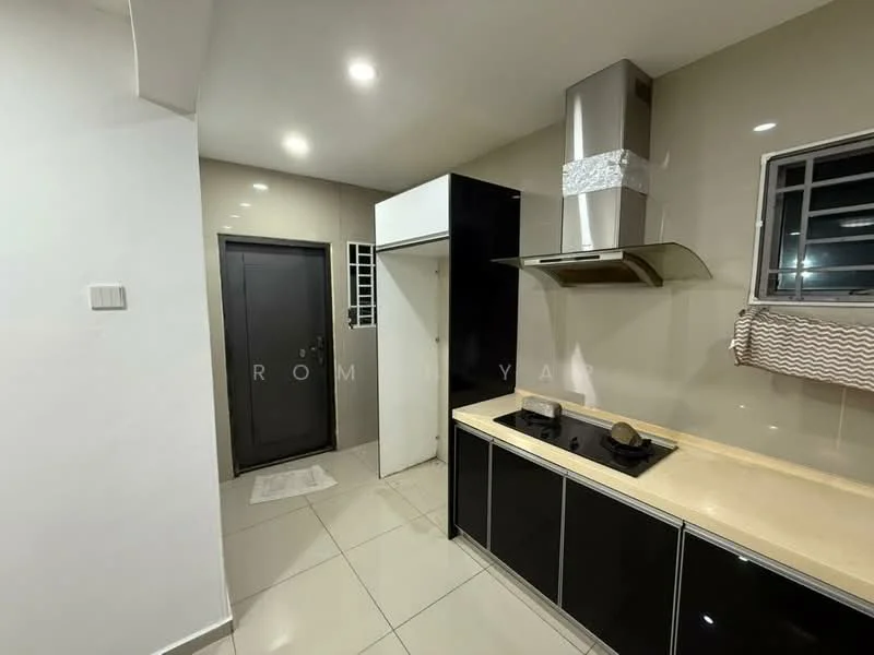 Kitchen features: black cabinetry, light-colored countertop, stainless-steel range hood, built-in gas hob, white tiled backsplash, grey tiled flooring, recessed downlights, window with metal grille, door leading to hallway; style: modern. Room features: white painted walls, door to exterior, window with metal grille.