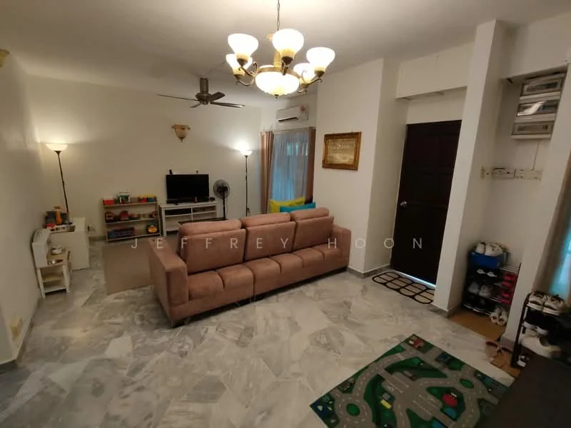 Living features: 3-seater fabric sofa in beige, coffee table, wall-mounted TV, TV console, ceiling fan with light, recessed downlights, marble flooring, decorative wall art, curtains, area rug with road pattern, open shelving unit, standing fan; style: modern.