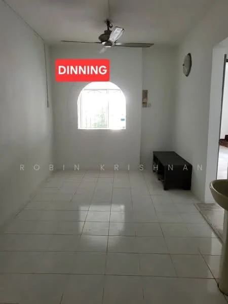 Dining features: white painted walls, white tiled flooring, arched window, ceiling fan, wall clock, wooden bench, natural light from window.