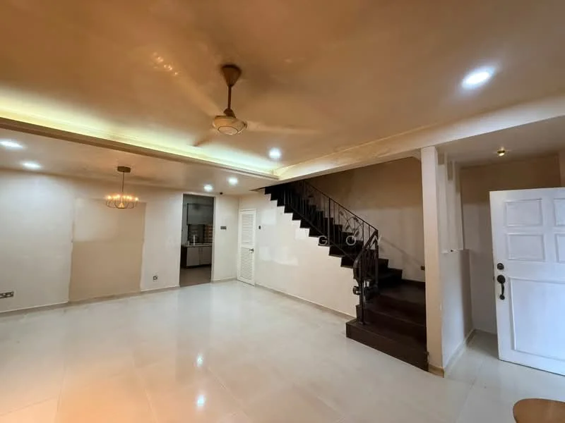 Living features: white painted walls, polished ceramic tile flooring, tray ceiling with recessed lighting, 5-blade ceiling fan, chandelier, staircase with wooden steps, door with white paneling, open layout, natural light from windows; style: modern.