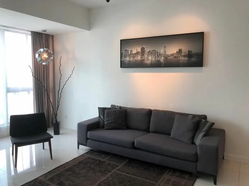 Living features: grey fabric sofa, decorative throw pillows, area rug with intricate pattern, floor-to-ceiling windows, sheer curtains, wall-mounted artwork, modern floor lamp, decorative branches in vase, white painted walls, glossy tile flooring; style: modern; view: city.