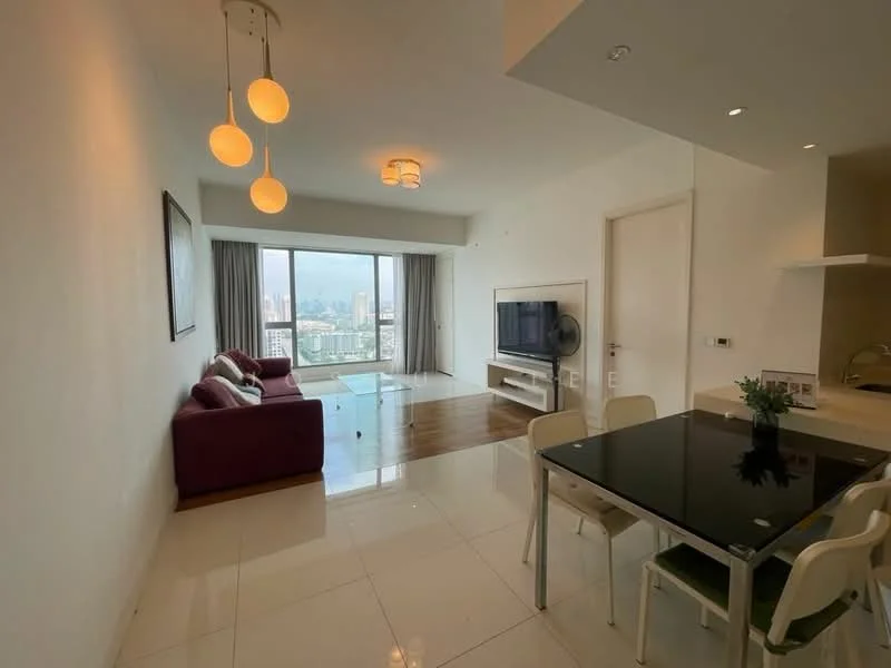 Living features: 3-seater fabric sofa in purple, coffee table, wall-mounted TV, TV console in white, floor-to-ceiling windows, city view, recessed downlights, pendant light fixture, polished tile flooring, curtains, decorative wall art; style: modern; view: city. Dining features: 4-seater dining table, white chairs, open-plan layout, near kitchen area; style: modern; view: city.