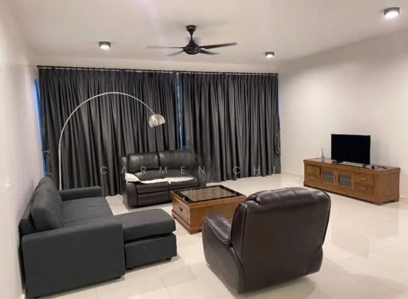 Living features: grey fabric sectional sofa, 2-seater leather sofa in brown, wood coffee table, TV console with storage, wall-mounted TV, ceiling fan with light, recessed downlights, floor-to-ceiling curtains in dark grey, white painted walls, glossy tile flooring; style: modern.