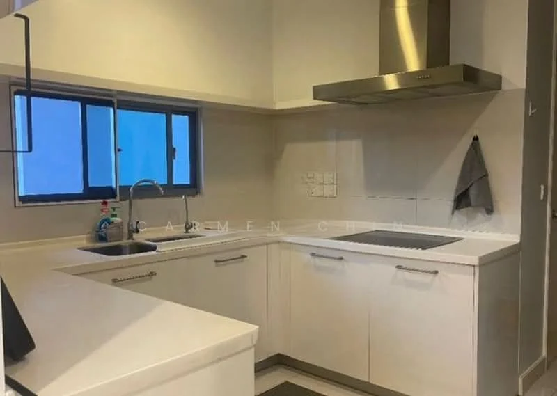 Kitchen features: white cabinetry, marble countertop, stainless-steel single-bowl sink, chrome pull-down faucet, built-in oven, stainless-steel range hood, ceramic tile backsplash, grey tile flooring, window above sink, recessed downlights; style: modern.