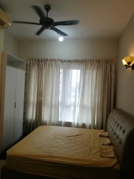 Bedroom features: queen-size bed with beige upholstered headboard, light yellow bedspread, floor-to-ceiling window with sheer curtains, 1 wall-mounted split AC, 5-blade ceiling fan with light, built-in wardrobe with sliding doors, wall sconce lighting, neutral painted walls, dark flooring; style: modern.