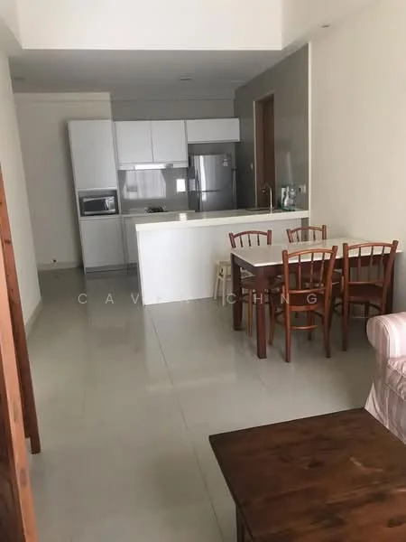 Living features: white painted walls, grey tiled flooring, sofa in light fabric, wooden coffee table, dining table with four wooden chairs, kitchen island with countertop, stainless-steel fridge, built-in oven, microwave, kitchen cabinetry; style: modern.