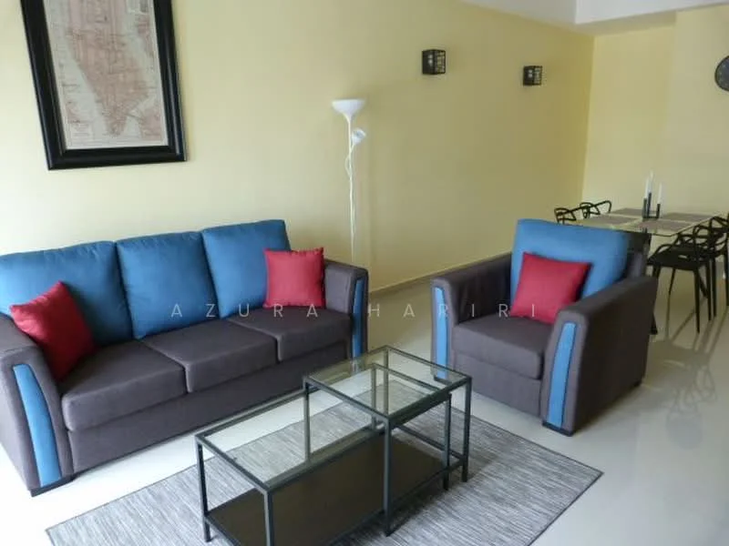 Living features: 3-seater fabric sofa in grey, 2-seater fabric sofa in blue, red accent cushions, glass coffee table, area rug with geometric pattern, wall-mounted light fixtures, framed artwork on wall, dining table with black chairs; style: contemporary.