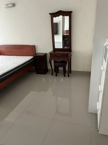 Bedroom features: queen-size bed frame, mattress on bed frame, wooden dresser with mirror, wooden bedside table, upholstered stool, glossy tile flooring, white painted walls, wall-mounted light fixture; style: modern.