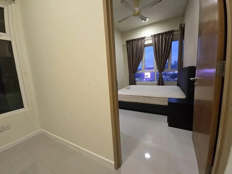 Bedroom features: queen-size bed, wooden headboard, 2 bedside tables, floor-to-ceiling windows, sheer curtains, dark wood wardrobe, white painted walls, glossy tile flooring, ceiling fan, decorative wall, city view; style: modern; view: city. Room features: white painted walls, glossy tile flooring, doorway, light switch.