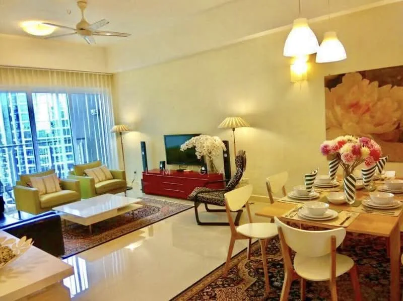 Living features: white painted walls, polished marble flooring, 5-blade ceiling fan with light, recessed downlights, wall-mounted TV, red TV console, decorative wall art, area rug with geometric pattern, 2-seater fabric sofa in green, 1 accent chair with patterned upholstery, coffee table, dining table with 4 chairs, decorative flowers in vase; style: modern; view: city.