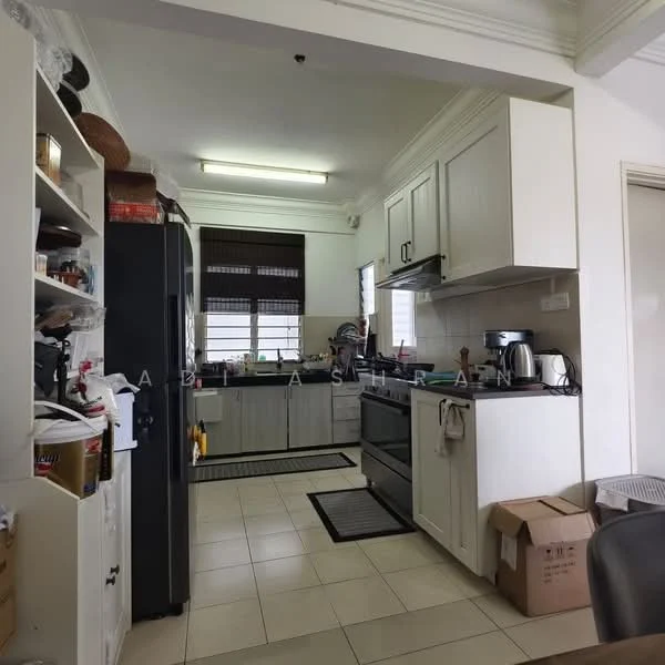 Kitchen features: white cabinetry, black countertop, stainless-steel sink, chrome pull-down faucet, built-in oven, freestanding range oven, microwave, refrigerator, tile flooring, window with blinds, overhead lighting, open shelving, storage boxes, kitchen utensils, kitchen appliances; style: modern.