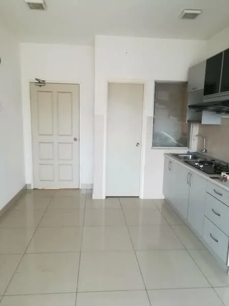 Kitchen features: grey cabinetry, stainless-steel sink, chrome pull-down faucet, built-in gas stove, exhaust hood, white tiled backsplash, cream painted walls, glossy tile flooring, door leading to another room, door leading to bathroom, window, recessed ceiling lights; style: modern.