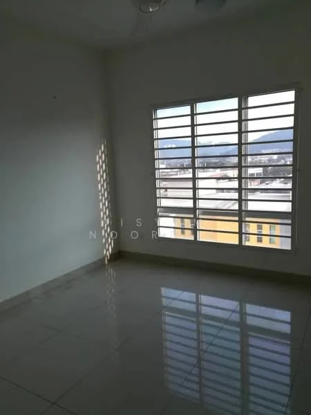 Room features: white painted walls, glossy tile flooring, sliding windows with horizontal bars, natural light from windows, mountain view visible through windows, ceiling fan, no visible furniture; style: modern; view: mountain.