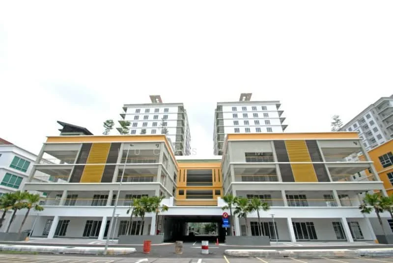 Exterior type: mid-rise condominium; features: yellow painted facade, white painted facade, glass windows, multiple storeys, balconies on upper floors, palm trees in front, open-air parking area, covered parking area, entrance with canopy, modern architectural design; style: modern.