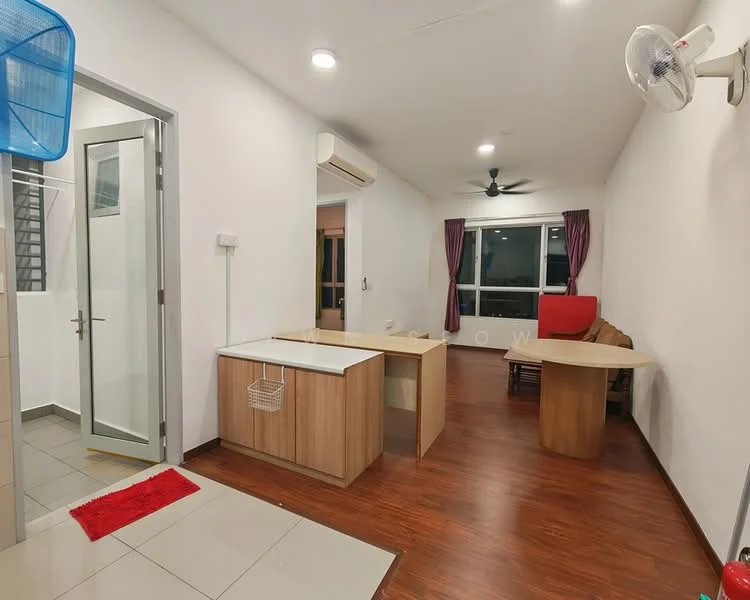 Room features: wooden flooring, white painted walls, ceiling fan, air conditioning unit, large window with city view, red curtains, kitchen island with countertop, dining table, sofa, wall-mounted fan, tile flooring at entrance, door leading to another room; style: modern; view: city.