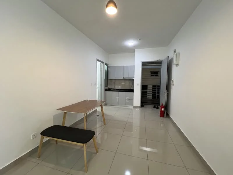 Room features: white painted walls, glossy tile flooring, recessed downlights, kitchen cabinetry in grey, black countertop, single-bowl stainless-steel sink, built-in oven, fridge, dining table, bench seating, fire extinguisher, door leading to another room; style: modern.