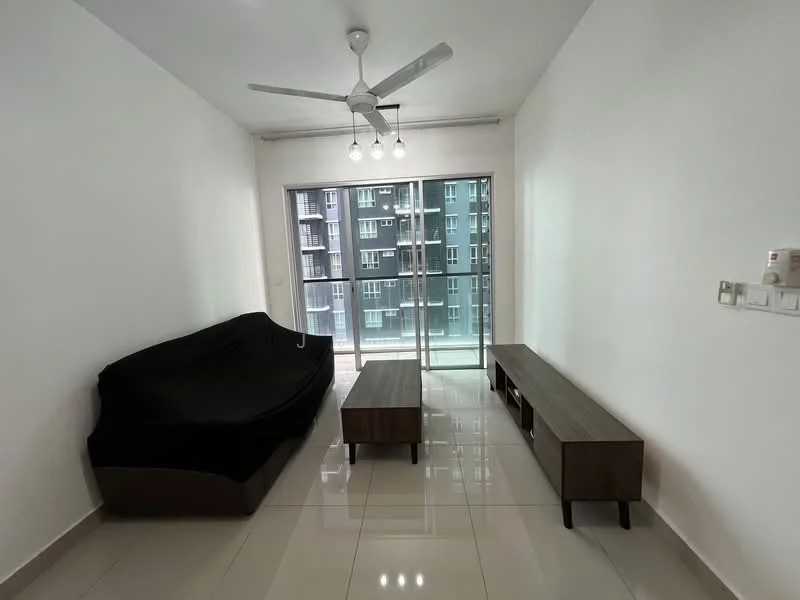 Living features: black fabric sofa, wooden coffee table, wooden TV console, floor-to-ceiling windows, white painted walls, glossy tile flooring, ceiling fan with light, recessed downlights; style: modern; view: city.