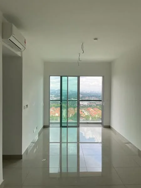 Living features: white painted walls, glossy ceramic tile flooring, floor-to-ceiling windows, sliding glass door, city view, 1 wall-mounted split AC, recessed ceiling lights, exposed wiring, neutral color scheme; style: modern; view: city.