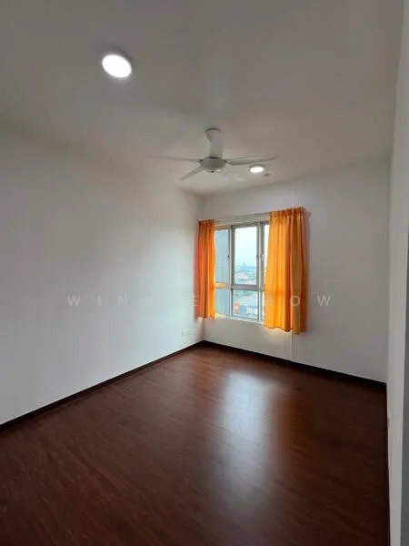 Bedroom features: wooden flooring, white painted walls, 5-blade ceiling fan with light, floor-to-ceiling window, orange curtains, city view; style: modern; view: city.