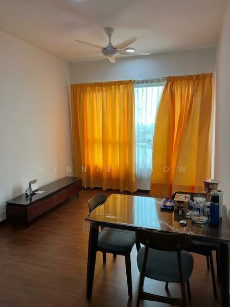 Living features: wooden flooring, white painted walls, 5-blade ceiling fan with light, large window with sheer curtains, yellow curtains, wooden console table, dining table with chairs, various items on the table; style: modern; view: city.
