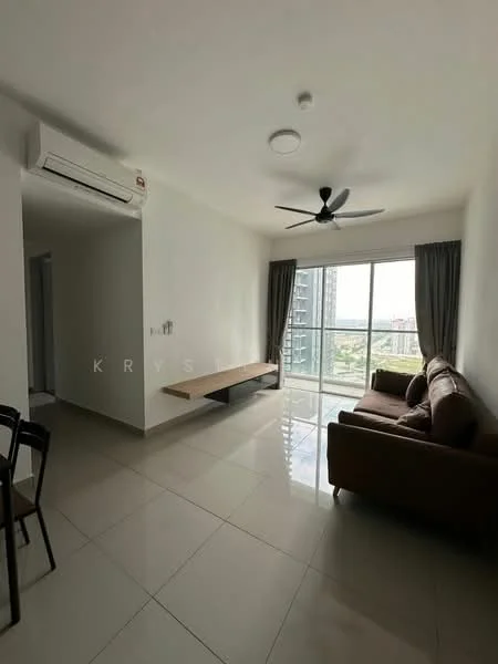 Living features: floor-to-ceiling windows, grey curtains, 3-blade ceiling fan, wall-mounted split AC, light-coloured walls, glossy tile flooring, brown fabric sofa, wooden wall-mounted shelf, black dining chairs; style: modern; view: city.