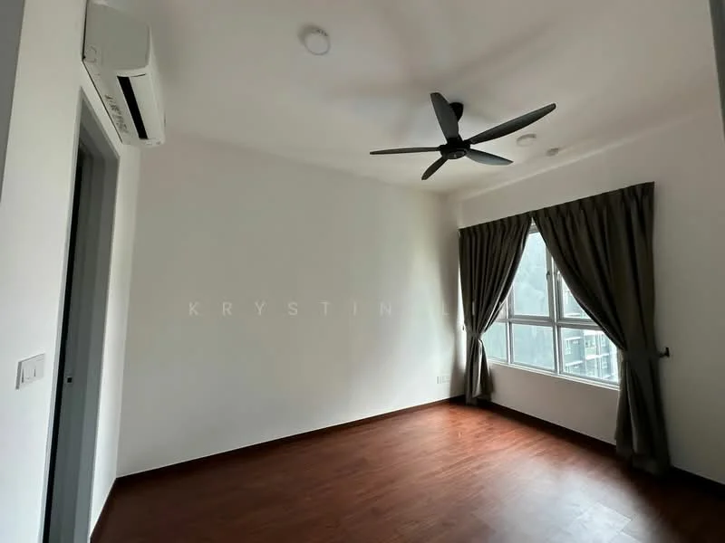 Room features: wooden flooring, white painted walls, 5-blade ceiling fan, wall-mounted split AC, floor-to-ceiling windows, curtains, light fixture, no visible furniture; style: modern.