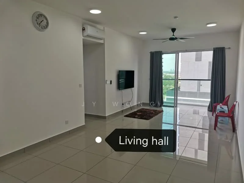 Living features: white painted walls, glossy ceramic tile flooring, 5-blade ceiling fan with light, wall-mounted TV, large sliding glass door, floor-to-ceiling windows, grey curtains, clock on wall, two red plastic chairs, recessed ceiling lights; style: modern; view: city.