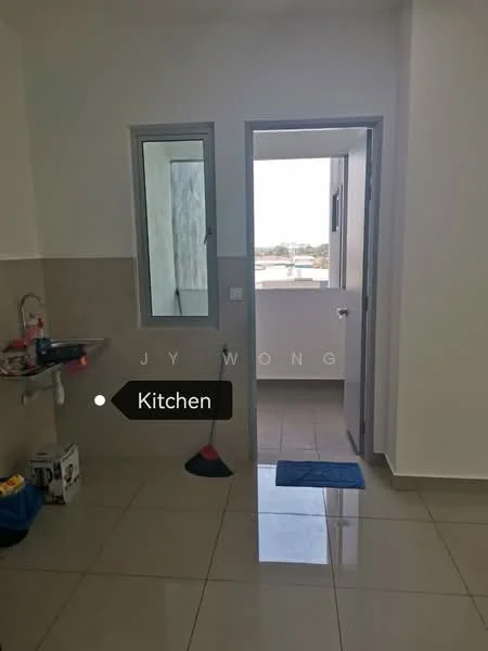 Kitchen features: white painted walls, cream tiled backsplash, grey floor tiles, single-bowl stainless-steel sink, chrome pull-down faucet, kitchen cabinet with countertop, window with view, cleaning supplies visible, mop and bucket, blue mat on floor; style: modern; view: city.