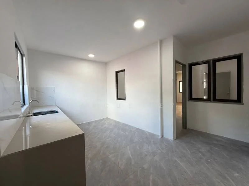 Room features: white painted walls, grey tiled flooring, recessed downlights, two windows, kitchen countertop, kitchen sink, open layout, doorway leading to another room; style: modern.
