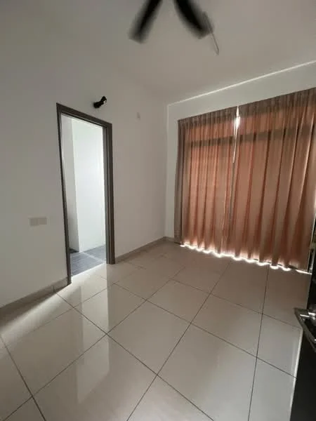 Room features: white painted walls, cream tiled flooring, floor-to-ceiling windows with sheer curtains, ceiling fan, doorway leading to another room.
