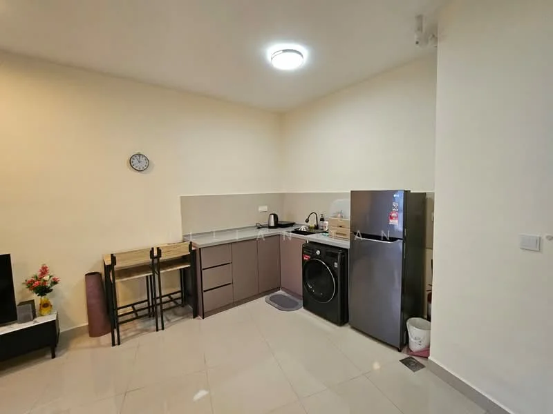 Kitchen features: light-colored walls, ceramic tile flooring, recessed ceiling lights, stainless-steel fridge, built-in oven, freestanding washing machine, grey cabinetry, countertop with backsplash, bar stools, wall clock; style: modern.