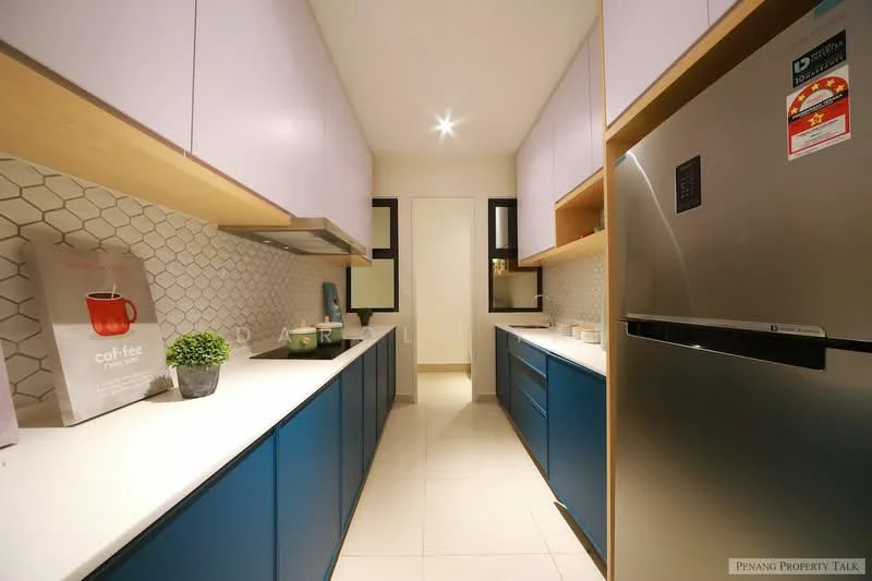 Kitchen features: blue lower cabinets, light purple upper cabinets, white quartz countertop, hexagonal tile backsplash, stainless-steel fridge, built-in oven, stainless-steel range hood, single-bowl stainless-steel sink, chrome pull-down faucet, recessed LED downlights, wall-mounted cabinet, open shelving, window for natural light; style: modern.