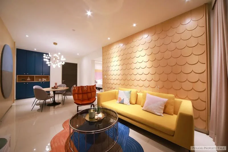 Living features: yellow fabric sofa, round glass coffee table, decorative cushions, accent wall with scalloped design, recessed ceiling lights, pendant light fixture, white tiled flooring, open-plan layout with dining area, wall-mounted mirror, blue cabinetry, dining table with chairs; style: modern.
