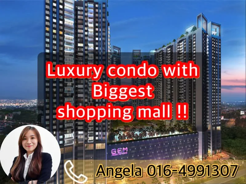 Exterior type: high-rise condominium; features: glass curtain wall, illuminated facade, multiple balconies, surrounding city skyline, landscaped entrance, adjacent to shopping mall; style: modern.