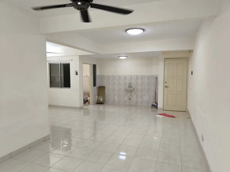 Room features: white painted walls, tile flooring, ceiling with recessed lighting, 5-blade ceiling fan, large window, door leading to another room, kitchenette area with backsplash, sink, open layout; style: modern.