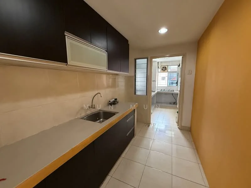 Kitchen features: dark wood cabinetry, stainless-steel sink, chrome pull-down faucet, laminate countertop, white tiled backsplash, ceramic tile flooring, recessed downlights, window with view to balcony, open layout to adjacent room, light beige painted walls; style: modern. Room features: white painted walls, ceramic tile flooring, window with view to outside.